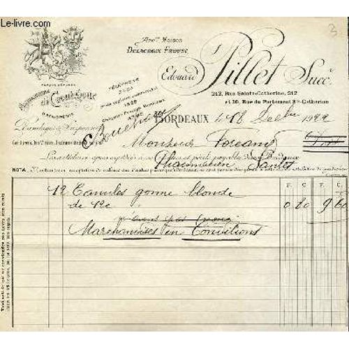 Facture Ancienne Illustree De La Manufacture De Caoutchouc Orthopedie D'edouard Pillet Successeur Bandage Suspensoirs Ceintures Et Bas Varices- Instruments De Chirurgie 212 Rue Saintes ...   de Edouard Pillet Successeurs