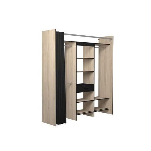 EKIPA Dressing avec rideau 1 colonne + 1 tiroir + 6 étageres + 3