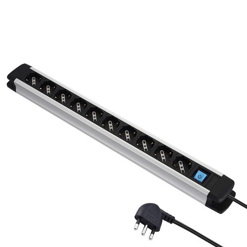 Electraline 61903, Multiprise Alu-Line 10 Prises Polyvalentes (Schuko+10/16a) Et 1 Interrupteur Lumineux, 2m, Avec Corps En Aluminium