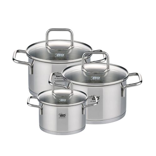 Elo 9993550 Set De 3 Faitouts En Inox De 12, 16 Et 20 Cm, Faitouts Avec Couvercles En Verre, Marmites, Casseroles, Faitouts, Acier Inoxydable, Verre, 12 Cm, 16 Cm 20 Cm