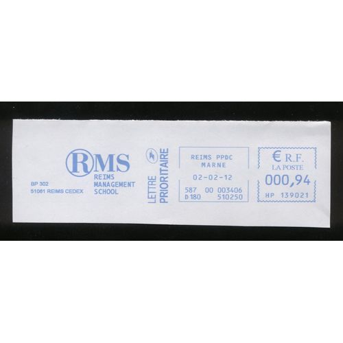 Ema Empreinte Machine Affranchir Postage Meter Footprint Rms Reims Management School 0,94euro 02.02.2012 France Fragment