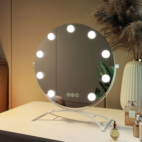 Emke Miroir Rond Hollywood Avec Lumire Variable, Dimmable, 47x40 Cm, clairage Rotatif  360 Avec 9 Lampes Led, Fonction Mmoire, Miroir De Maquillage Pour Table De Maquillage, Blanc