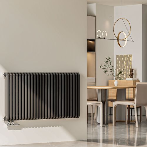 EMKE Radiateur  eau chaude horizontal en forme de D 600 x 840 mm, radiateur design  panneau plat, radiateur plat double couche, raccordement latral, gris anthracite, 1383 W