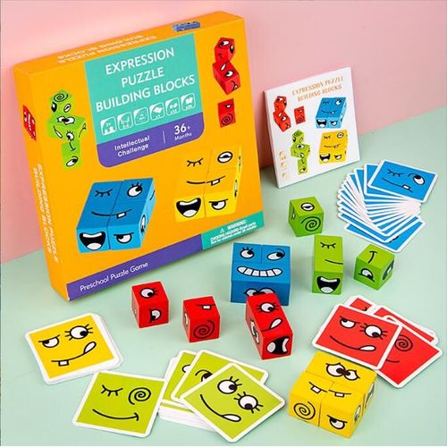 Emoji Puzzle Cube De Construction, Jeu Emoticone Cubi En Bois Interactifs Jeux De Visage Expression, Montessori Iq Puzzle Jouets