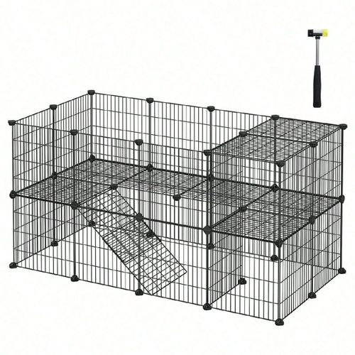Clture Pour Animaux Domestiques, 2 Niveaux, Enclos Modulable, Pour Petits Animaux, Hamsters, Lapins, Cochon D'inde, 143 X 73 X 71 Cm, Noir