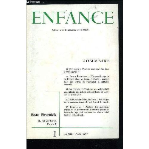 Enfance N 1 - Peut-On Amliorer Les Tests D Intelligence ? Par G. Snyders, L Apprentissage De La Lecture Chez Les Jeunes Enfants : Acquisition Des Lettres De L Alphabet Et Maturit Mentale Par A.(...)   de Collectif 
