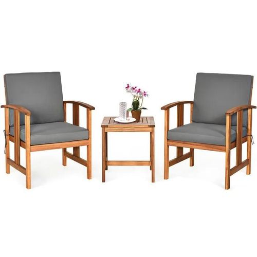 Ensemble 3 Pcs Table Et Chaises De Jardin Extrieur Costway, Cadre En Bois D'acacia, Coussins Lavables, Pour Cour Piscine Salon