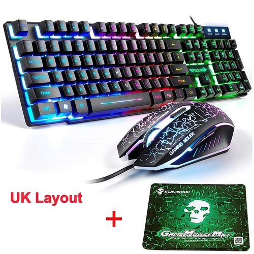 Ensemble clavier et souris de jeu LexonElec T8 UK Layout Clavier de jeu ergonomique Rainbow rtroclair Rainbow + 2400DPI 6 bout