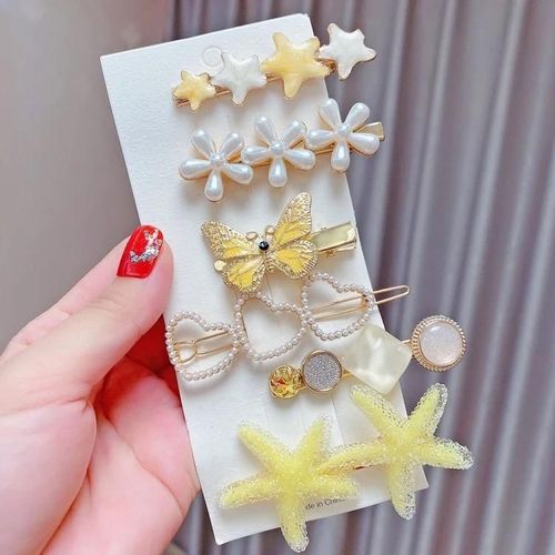 Ensemble D'pingles  Cheveux Color-6pcs Alliage Jaune Perle Strass Clips Par