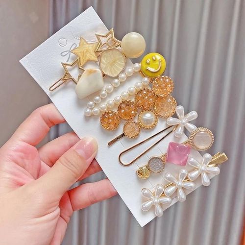 Ensemble D'pingles  Cheveux Color-8pcs Alliage Jaune Perle Strass Clips Par