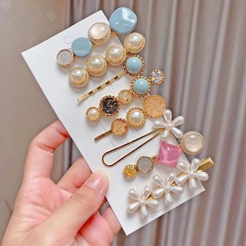 Ensemble D'pingles  Cheveux Color-8pcs Bleu Alliage Perle Strass Clips Par