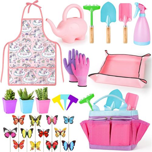 Ensemble D'outils De Jardinage,Comprenant Une Pelle Sre,Un Rteau,Une Fourche,Des Gants,Un Tablier,Un Arrosoir Et Un Sac En Toile,Kit De Jardinage Pour Garons Et Filles De 3 Ans+,Rose