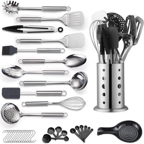 Ensemble D'ustensiles De Cuisine 39 Pices En Acier Inoxydable, Cuillre, Spatule Avec Porte-Ustensiles En Acier Inoxydable Robuste, Passe Au Lave-Vaisselle[Kit6503112]