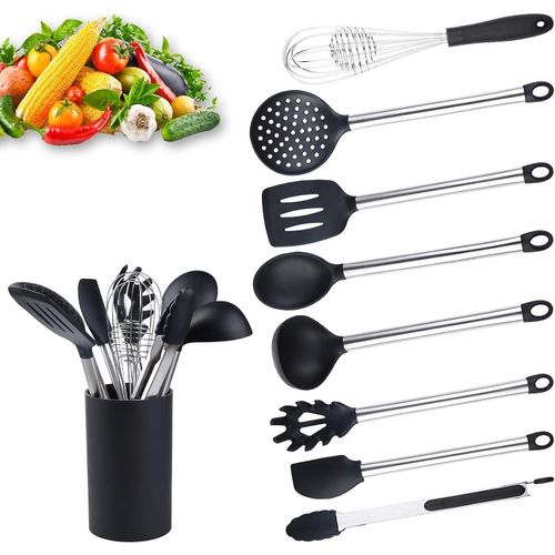 Ensemble D'ustensiles De Cuisine 9 Pices En Silicone Et Acier Inoxydable - Outils Durables, Anti-Rayures Et Rsistants  La Chaleur Pour Une Cuisson En Toute Scurit