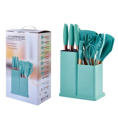Ensemble D'ustensiles De Cuisine En Silicone Avec Manche En Bois 19 Pieces Fournitures De Cuisine Ensemble De Couteaux De Cuisine Couteaux De Couleur, Tonneau De Rangement Avec Manche En Bois Ensemble D'ustensiles De Cuisine 17 Pieces (Vert)