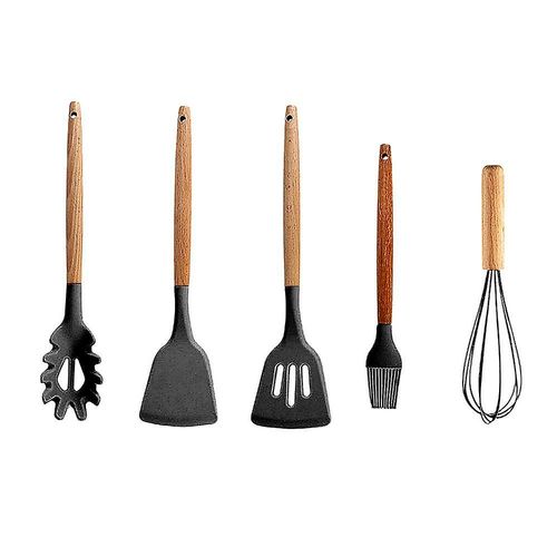 Ensemble D'ustensiles De Cuisine En Silicone De Qualit Suprieure Avec Manches En Bois : Spatule, Pelle  Frire, Cuillre  Nouilles Et Plus Encore
