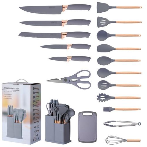 Ensemble De 19 Ustensiles De Cuisine En Silicone Avec Manche En Bois Ensemble De 19 Ustensiles De Cuisine Ensemble De Couteaux De Cuisine Couteaux De Couleur, Tonneau De Rangement Avec Manche En Bois Ensemble De 19 Ustensiles De Cuisine (Gris 2400g)