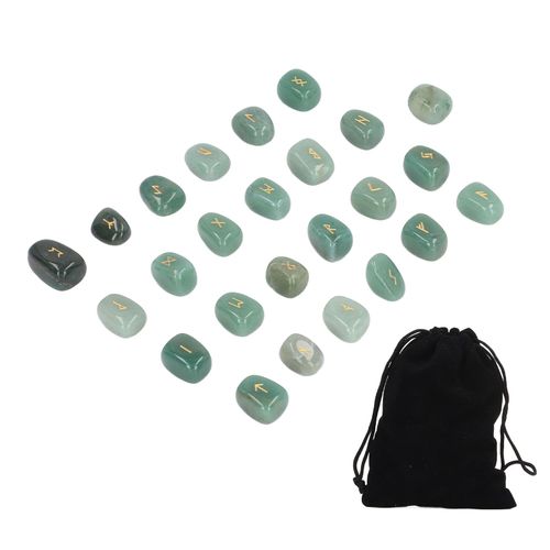 Ensemble De 25 Pierres Runiques Sculptees A La Main En Aventurine Verte Polie, Alphabet Ancien Grave Portable Pour Debutants Et Professionnels