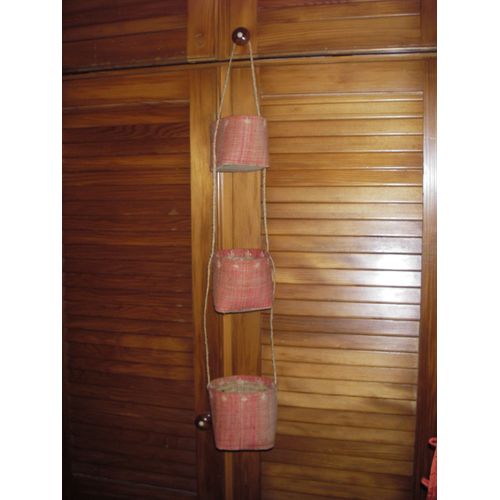 Ensemble De 3 Caches Pots Relis Entre Eux  Suspendre ,En Macram De Couleur Beige Et Rose ,Fantaisie :Petites toiles Sur Les Bords ,3 Dimensions Diffrentes .