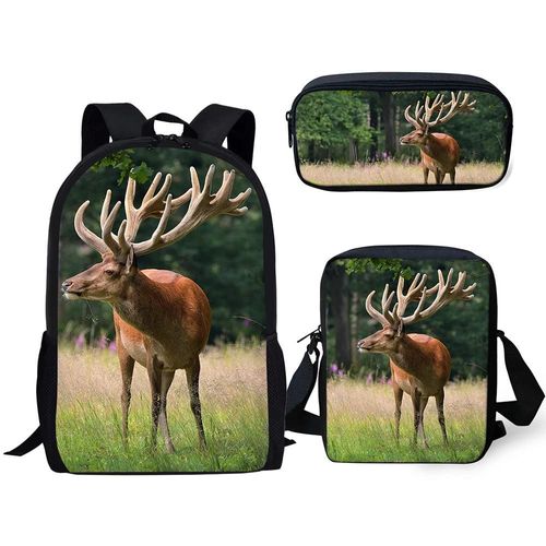 Ensemble De 3 Sacs D'ecole Classiques Imprimes En 3d Avec Motif De Cerf Et Fleurs, Sac  Dos Pour Ordinateur Portable, Sac  Bandoulire Inclin, Trousse  Crayons