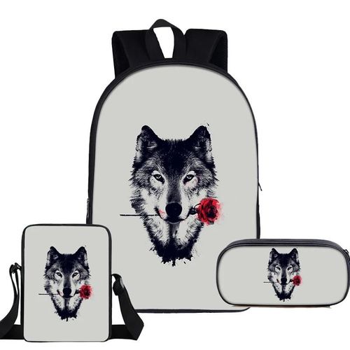 Ensemble De 3 Sacs De Voyage Pour Etudiants, Motif Hip-Hop, Lune Juvnile Et Loup Hurlant, Imprime 3d, Sac  Dos Pour Ordinateur Portable, Sac  Bandoulire, Trousse  Crayons