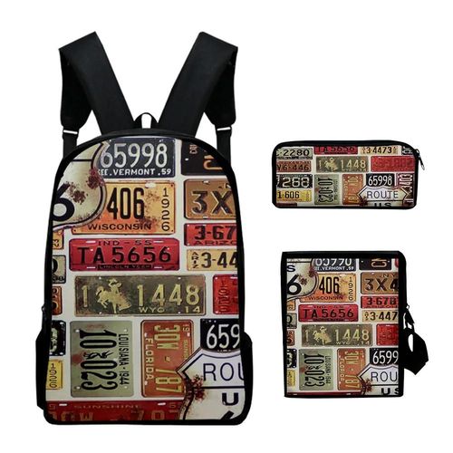 Ensemble De 3 Sacs De Voyage Pour Etudiants, Sac  Dos Pour Ordinateur Portable, Sac  Bandoulire, Trousse  Crayons, Motif Route 66, Style Hip-Hop, Amusant Et Jeune, Imprime En 3