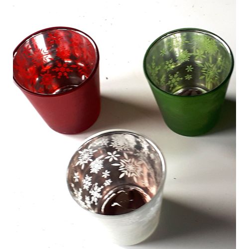 Ensemble De 3 Verres Porte Bougies Partylite - En Verre Dcor Flocons De Neige - 1 Fond Argent + 1 Fond Vert + 1 Fond Rouge - Hauteur 6.5cm - Vendus Vides