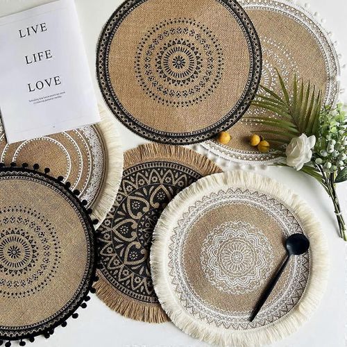 Ensemble De 4 Boho Tiss Rond Napperon Fait  La Main Tapis De Table Tiss Jute Pompon Tapis Rtro Table Decor Frange Coton Caf Mat Impermable  LEau (Pompon Blanc)