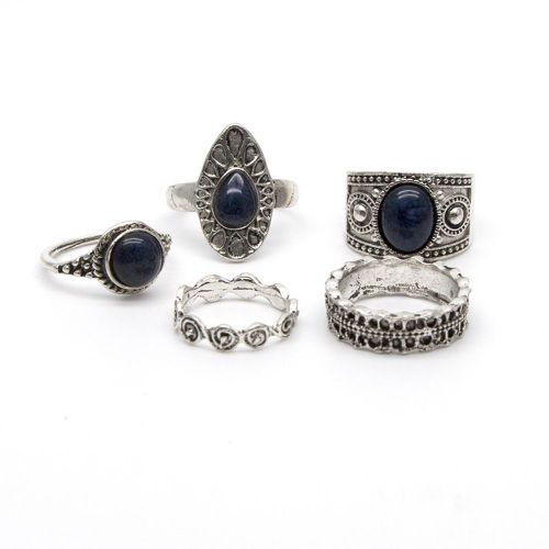 Ensemble De 5 Bagues Pour Femmes En Alliage De Pierres Precieuses Artificielles De Style Occidental Retro (Argent Antique)