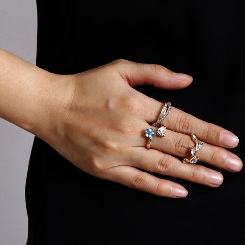 Ensemble De Bagues De Style Ethnique Pour Femmes, Ensemble De Combinaison De Fleurs Et De Feuilles, Bagues Individuelles En Alliage De Strass Bleu, Pour Cadeaux  La Mode