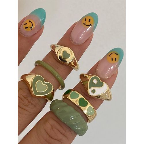 Ensemble De Bagues En Forme De CUr Pour Femmes, En Rsine Verte Colore, Or, Amour, Chane Acrylique, Vente En Gros, Bijoux Cadeaux
