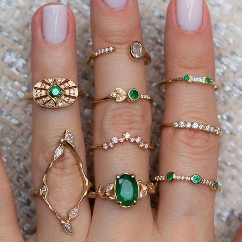 Ensemble De Bagues Gomtriques En Cristal Pour Femme, Ensemble De Bagues Midi Avec Strass Vert, Fleur, Jointure