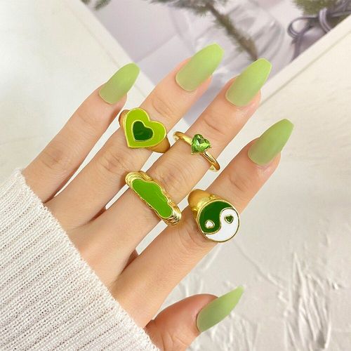 Ensemble De Bagues Gomtriques En Forme De CUr Et De Nuage Vert Pour Femme, Bijoux Vintage En Mtal Dor, Style Tai Chi Ins,  La Mode