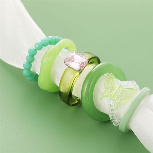 Ensemble De Bagues Gomtriques En Forme De CUr Pour Femmes, Bijoux En Rsine, Violet, Vert,  La Mode, Vente En Gros