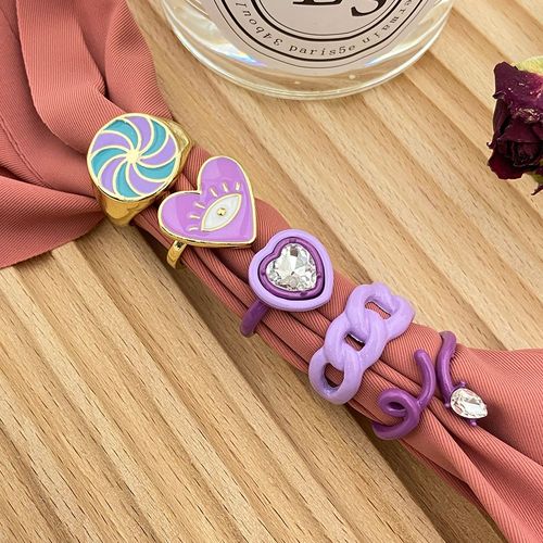 Ensemble De Bagues Gomtriques En Forme De CUr Pour Femmes, Bijoux En Rsine, Violet, Vert,  La Mode, Vente En Gros
