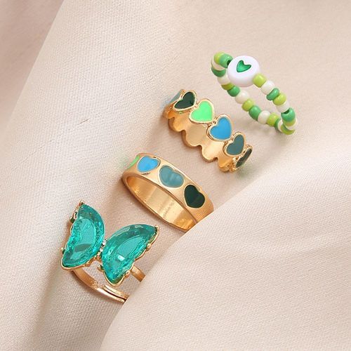 Ensemble De Bagues Gomtriques En Forme De CUr Pour Femmes, Bijoux En Rsine, Violet, Vert,  La Mode, Vente En Gros