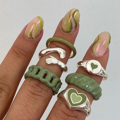 Ensemble De Bagues Vintage En Rsine Pour Femmes, Bijoux En Forme De CUr, En Acrylique Vert, Gomtrique,  La Mode, Cadeau