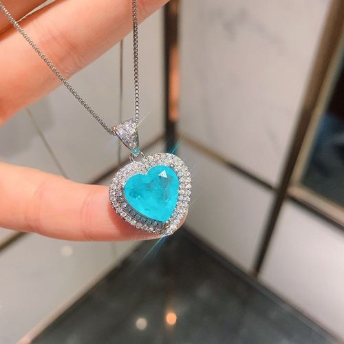 Ensemble De Bijoux En Argent 925 Avec Pierres Prcieuses En Forme De CUr, Paraiba Bleu Tourmaline Aigue-Marine, Pendentif, Collier, Boucles D'oreilles, Cadeaux Pour Femmes