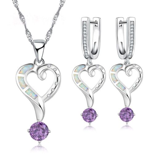 Ensemble De Bijoux En Forme De CUr Pour Femmes, Imitation Opale De Feu Blanche, Pendentif En Cristal Violet, Collier, Boucles D'oreilles, Bijoux De Mariage