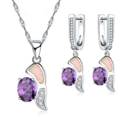 Ensemble De Bijoux En Forme Gomtrique Pour Femmes, Imitation Opale De Feu Bleue, Pendentif En Cristal Violet, Collier, Boucles D'oreilles, Bijoux De Mariage