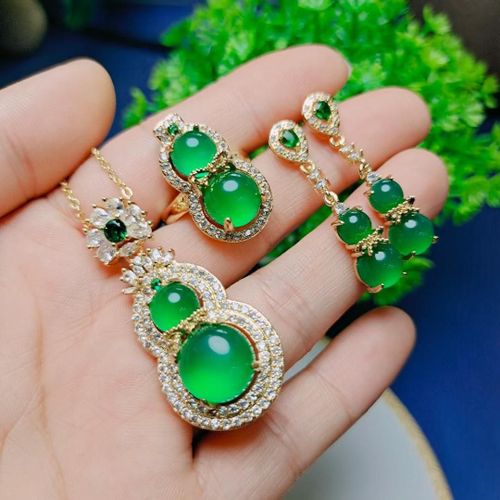 Ensemble De Bijoux En Jade Naturel Vritable, Boucles D'oreilles, Bague Et Pendentif, Collier, Breloques, Gourde, Chrysoprase, Calcdoine Verte, Amulette, Cadeaux Pour Femmes
