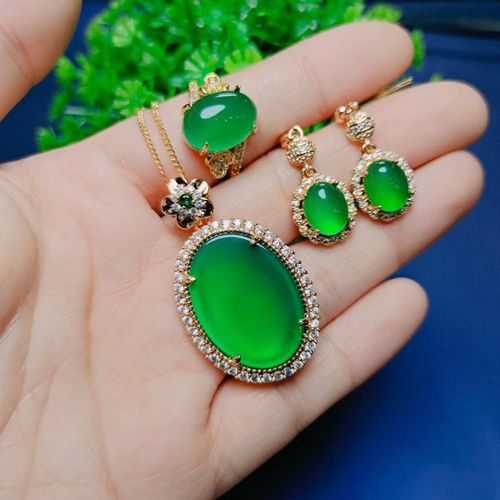 Ensemble De Bijoux En Jade Vert Naturel Vritable, Boucles D'oreilles, Bague Et Pendentif, Collier, Pierre De Jades, Chrysoprase, Bijoux Fins Certifis Pour Femmes
