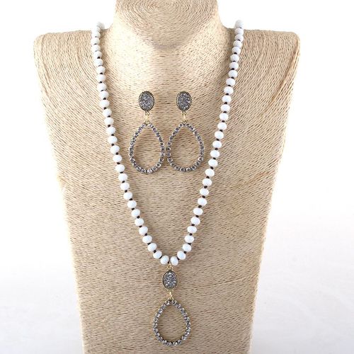 Ensemble De Bijoux En Pierre Blanche Et Verre Blanc, Long Collier Nou En Cristal, Boucles D'oreilles  La Mode
