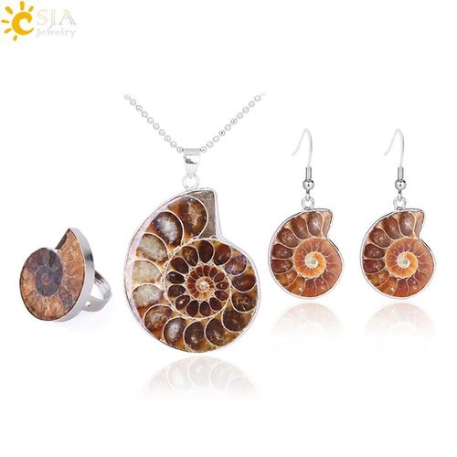 Ensemble De Bijoux En Pierre D'ammoniac Naturelle Pour Femmes, Collier, Boucles D'oreilles, Bague, Coquillage De Conque, Pendentif Fossile, Bijoux De Plage, F613