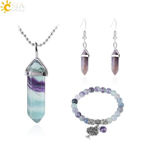 Ensemble De Bijoux En Pierre Naturelle Pour Femmes Et Hommes, Bracelet En Fluorite, Collier Hexagonal En Forme De Balle, Boucles D'oreilles En Cristal Violet, Cadeau F644