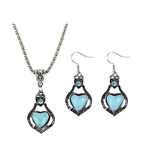 Ensemble De Bijoux Rtro Turquoise En Forme De CUr, Collier, Boucles D'oreilles, Pendentif, Chane, Amulette Faite  La Main, Cadeaux Pour Sa Femme