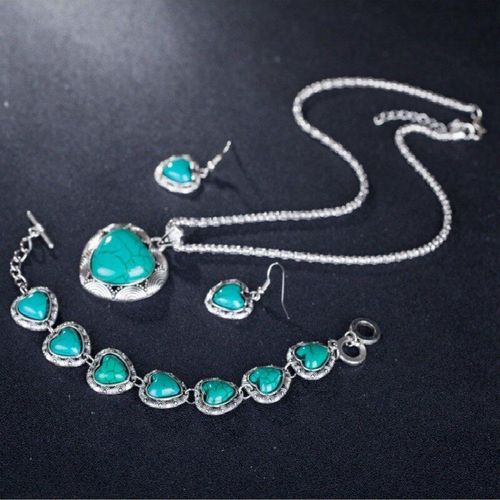 Ensemble De Bijoux Rtro Turquoise En Forme De CUr, Pendentif, Boucle D'oreille, Bracelet, Collier En Argent 925, Amulette  La Mode, Cadeaux Pour Hommes Et Femmes