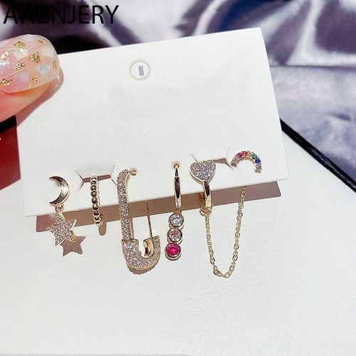 Ensemble De Boucles D'oreilles En Argent Sterling 925, 6 Pices/Ensemble, Boucles D'oreilles En Zircon, toile Arc-En-Ciel, Lune, Broches Colores