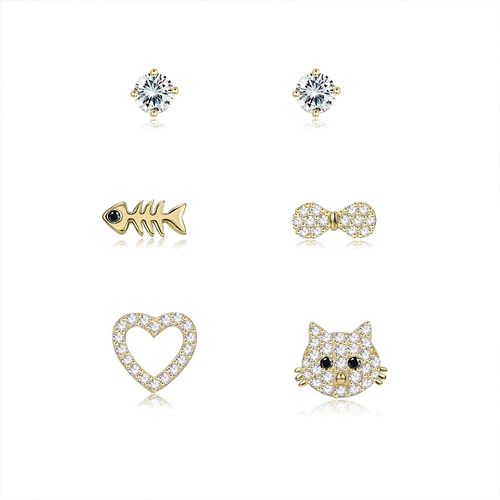 Ensemble De Boucles D'oreilles En Argent Sterling 925 Pour Femmes, Petits Clous En Zircon Brillant, CUr Chaton Et NUd Papillon, Os De Poisson