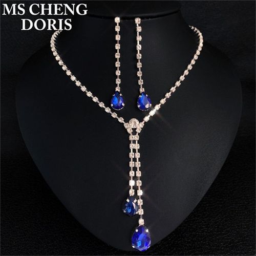 Ensemble De Boucles D'oreilles En Cristal Pour Femmes, Long Collier En Forme De Larme, Document Argent, Patients De Mariage, Demoiselle D'honneur, Fte Formelle, Ensemble De Bijoux De Rh